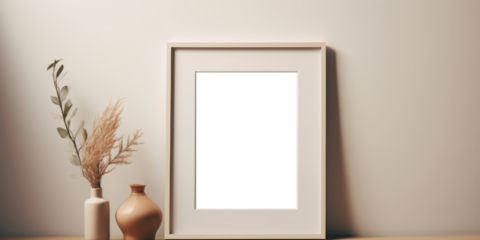 In this close-up mockup, a wood frame is elegantly displayed on a table against a clear background, offering a refined presentation for your designs or artwork.