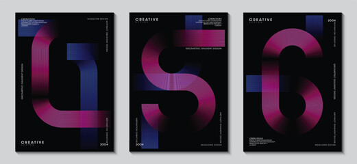 Covers design with abstract geometric gradient glowing line on a black background collection. Concept technology, digital for brochures and poster. EPS vector illustration.