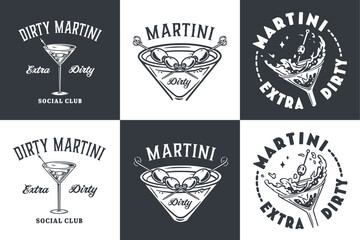 Monochrome martini cocktail vector set with olive and splashes for alcohol for cocktail bar or drink party. Margarita or martini collection for logo or tee print of bartender or barman