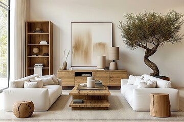 Modern Elegance A Bright and Airy Living Room with Stylish White Sofas, Wooden Decor, and a Beautiful Indoor Tree