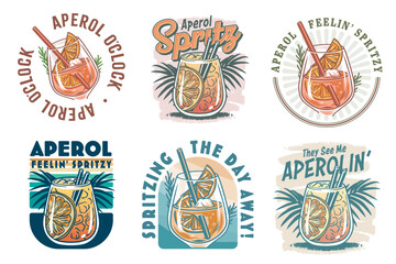 Aperol cocktail vector set with ice and slice of orange for cocktail bar or drink summer party. Aperol spritz or alcohol cocktail collection with gin for tee print of beach bar and cafe menu - obrazy, fototapety, plakaty