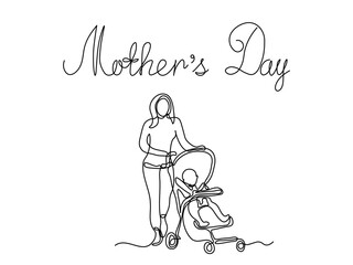Mothers Day. A woman with a baby carriage. continuous single one line art hand drawing sketch