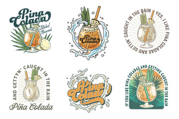 Pina Colada cocktail tee print vector set with splashes and slice of pineapple for cocktail bar or drink summer party. Pina alcohol cocktail collection lettering with rum for beach bar and cafe menu