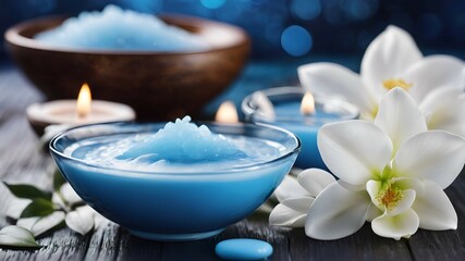 Fototapeta na wymiar Flowers, candles, bowls with blue cream and salt. Pale blue background for spa presentation. Relaxing mood by SPA attributes.
