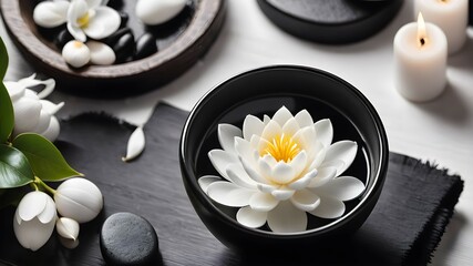 Fototapeta na wymiar Smooth stones, candles and black bowl with flower in spa decorations. White and black background for spa presentation. Relaxing mood.