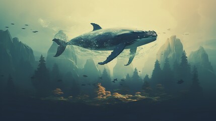 A double exposure of an ocean and a whale flying through the sky, defying the laws of gravity and nature.