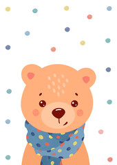 Cute little Bear illustration. Kawaii Bear. Nursery art poster. For kids. Woodland animals print. Girlish print for T-shirt, cards, stickers