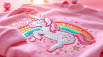 Fototapeta na wymiar a pink T-shirt with a unicorn motif and a rainbow glitter effect 