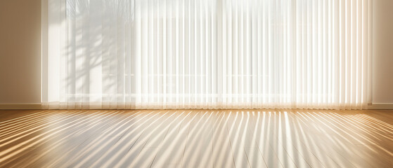 The sun is shining through the blinds on the window in an empty room to the floor