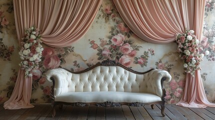 Wedding backdrop featuring luxurious drapery with pink floral wallpaper, parquet flooring, and sofa