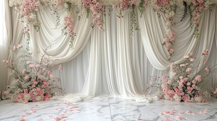 Wedding backdrop For Photography featuring luxurious white drapery with pink floral and marble flooring 
