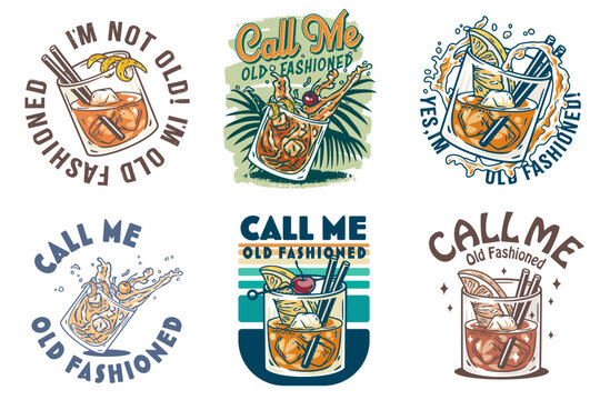 Old fashioned cocktail vector set with ice, cherry and splash for design of bar menu. American alcohol cocktail collection with whisky and bourbon for drink party. Tee print