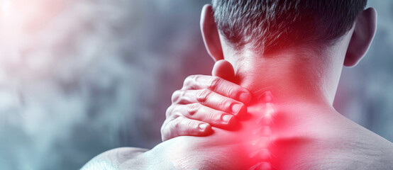 Man with shoulder pain. Neck with a red spot from pain. Unhealthy lifestyle banner - obrazy, fototapety, plakaty