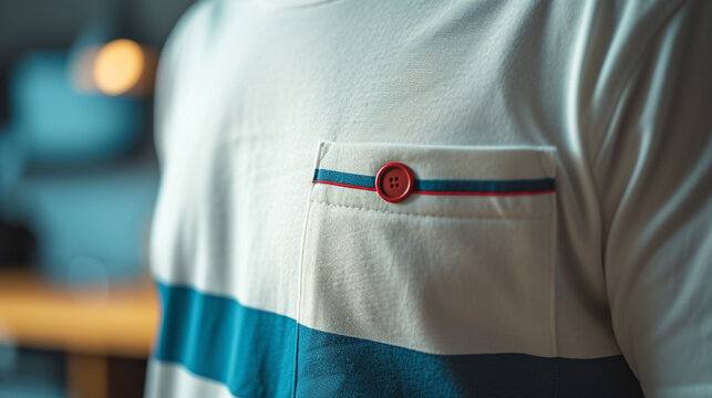 a white T-shirt with a blue stripe and a red button on the pocket 