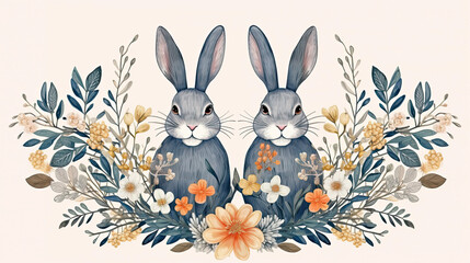 Happy easter two bunnies with leaves and wildlowers. Hand drawing illustration. Spring holiday concept