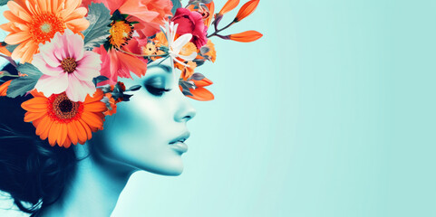 Collage of a woman with spring flowers in her hair. Young and fresh - obrazy, fototapety, plakaty