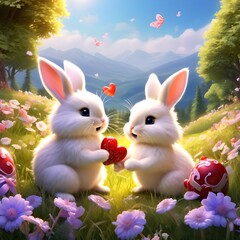 A pair of fluffy bunnies exchanging flowers and heart-shaped chocolates in a cozy meadow. Valentine's Day theme. Generative AI.