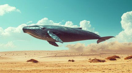 Large whale in desert. Vintage surreal art. Banner