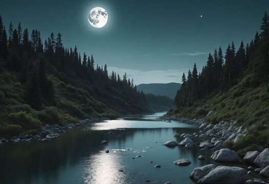 the river with the moon. bizarre landscape conceptual visual art natural fantasy art. 
