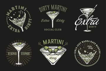 Martini cocktail vector set with olive and splashes for alcohol for cocktail bar or drink party. Margarita or martini collection for logo or tee print of bartender or barman