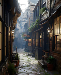 Narrow, cozy street with old houses. Scenery of an old city. - obrazy, fototapety, plakaty
