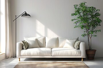 Cozy Corner An Elegantly Designed Living Room with a Comfortable Beige Sofa, Striped Cushions, and a Lush Green Plant under Soft Lighting