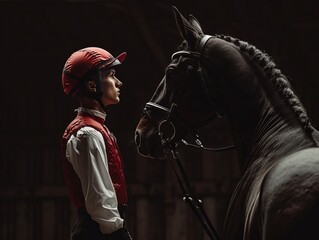 Fototapeta na wymiar Jockey with his Horse. Riding Sport. AI Generative