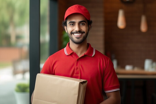 Happy delivery man in red shirt with cardboard box and baseball cap.