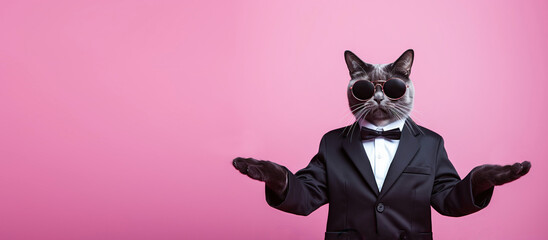 Banner featuring a cat dressed in a sharp black suit and bow tie, wearing round cool sunglasses with outstretched arms, on a hot pink background with ample copy space. Advertising, leaflets, flyers - obrazy, fototapety, plakaty