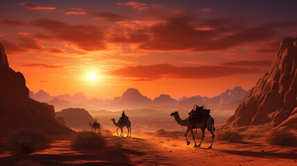 Fototapeta na wymiar Desert adventure with camels ride and travellers on sand dunes