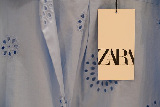 Shanghai,China-July 8th 2023: ZARA brand logo on clothing tag