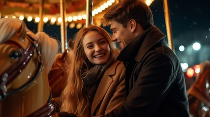 Couple holding hands and standing in front of carousel at christmas market