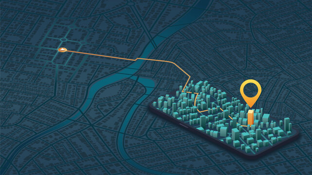 Giant mobile phone with city map on the screen. Isometric generic city map with signs. Abstract navigation plan of urban area. City streets, destination tag or mark. Editable vector illustration