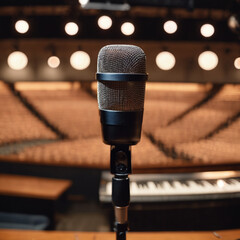 Microphone on the stage with lights and empty hall during the rehearsal