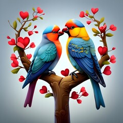 Couple of parrots. Valentine's Day theme. A pair of colorful birds perched on a tree branch, each holding a heart-shaped love letter in their beaks. Generative AI.