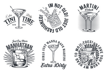 Monochrome martini cocktail vector set with olive and splashes for alcohol for cocktail bar or drink party. Old fashioned or Manhattan cocktail collection for logo or tee print of bartender or barman