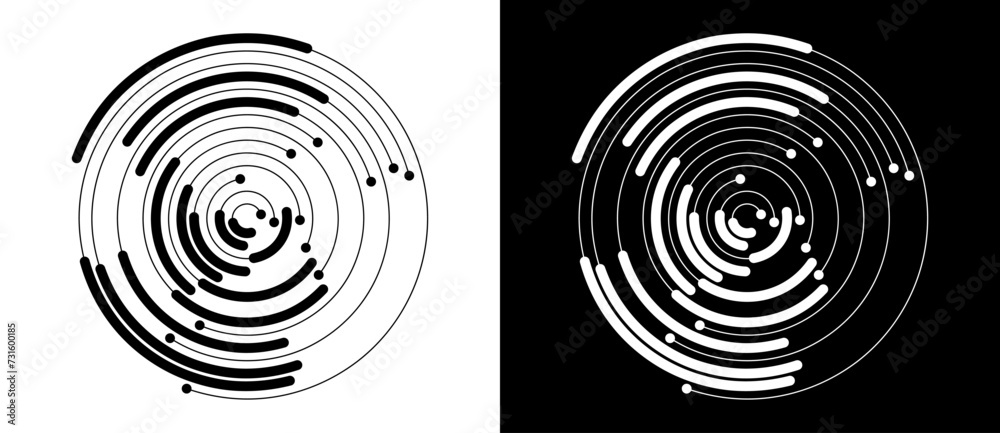 Poster Abstract background with lines and dots in circle. Art lines design as logo or icon. Black lines on a white background and white lines on the black side.