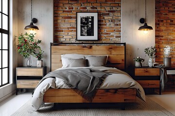 Cozy Urban Retreat A Modern Bedroom with Stylish Wooden Furniture, White Brick Walls, and Warm Ambient Lighting