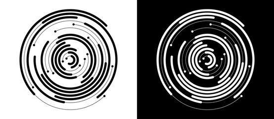 Abstract background with lines and dots in circle. Art lines design as logo or icon. Black lines on a white background and white lines on the black side.