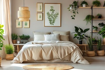Elegant Modern Bedroom Interior with Nature-Inspired Decor, Neutral Tones, and Lush Green Plants Creating a Serene and Tranquil Atmosphere