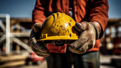 a man holding a yellow hard hat in his hands and a construction site in the background with a blue sky, generative ai