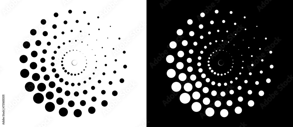 Aufkleber Modern abstract background. Halftone dots in circle form. Spiral logo, icon or design element. Black dots on a white background and white dots on the black side.