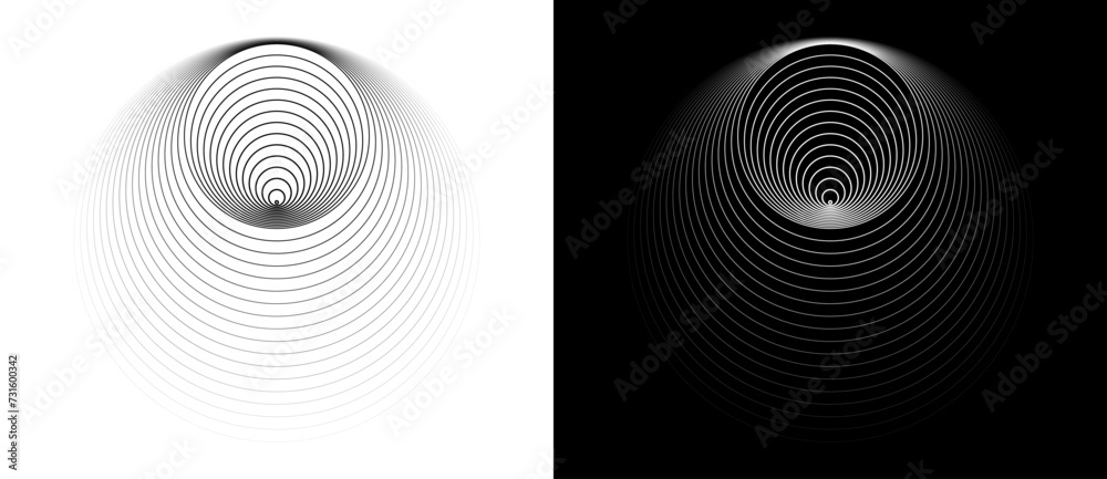 Aufkleber Perspective view to abstract circles with lines. Black shape on a white background and the same white shape on the black side.