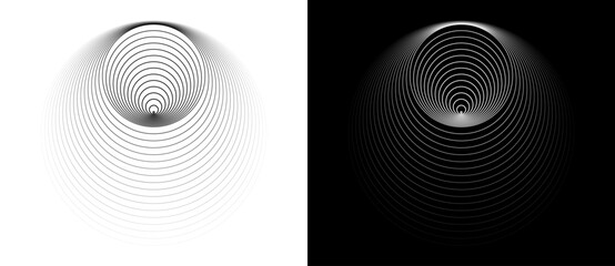 Perspective view to abstract circles with lines. Black shape on a white background and the same white shape on the black side.