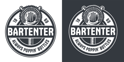 Bartending logo with strainer for shop or store. Bartender design with cocktail bar tool for barman