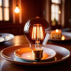 Diet of ideas imagination and creativity, bright lightbulb on a dinner plate