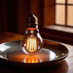 Diet of ideas imagination and creativity, bright lightbulb on a dinner plate