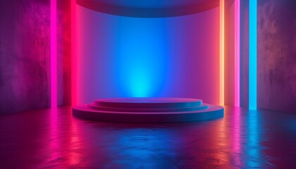 Empty stage, podium, place for product. Colored neon lights. 3d rendering image. Blurred reflections on the floor. Place to present a product