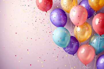Beautiful Happy Birthday Greeting Card Confetti Background With Colorful Balloons and Copyspace for Text. Birthday Background Concept.