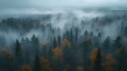A dense and mysterious forest, with misty trees as the background, during a foggy autumn morning